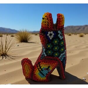 Huichol Wolf Coyote Howling Beaded Figurine Multicolor Handmade Mexican Folk Art